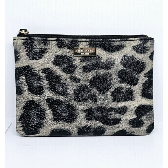 KATE SPADE Small Clutch Leopard Print Pebbled Leather Black Tan Zip Pouch - Picture 1 of 4